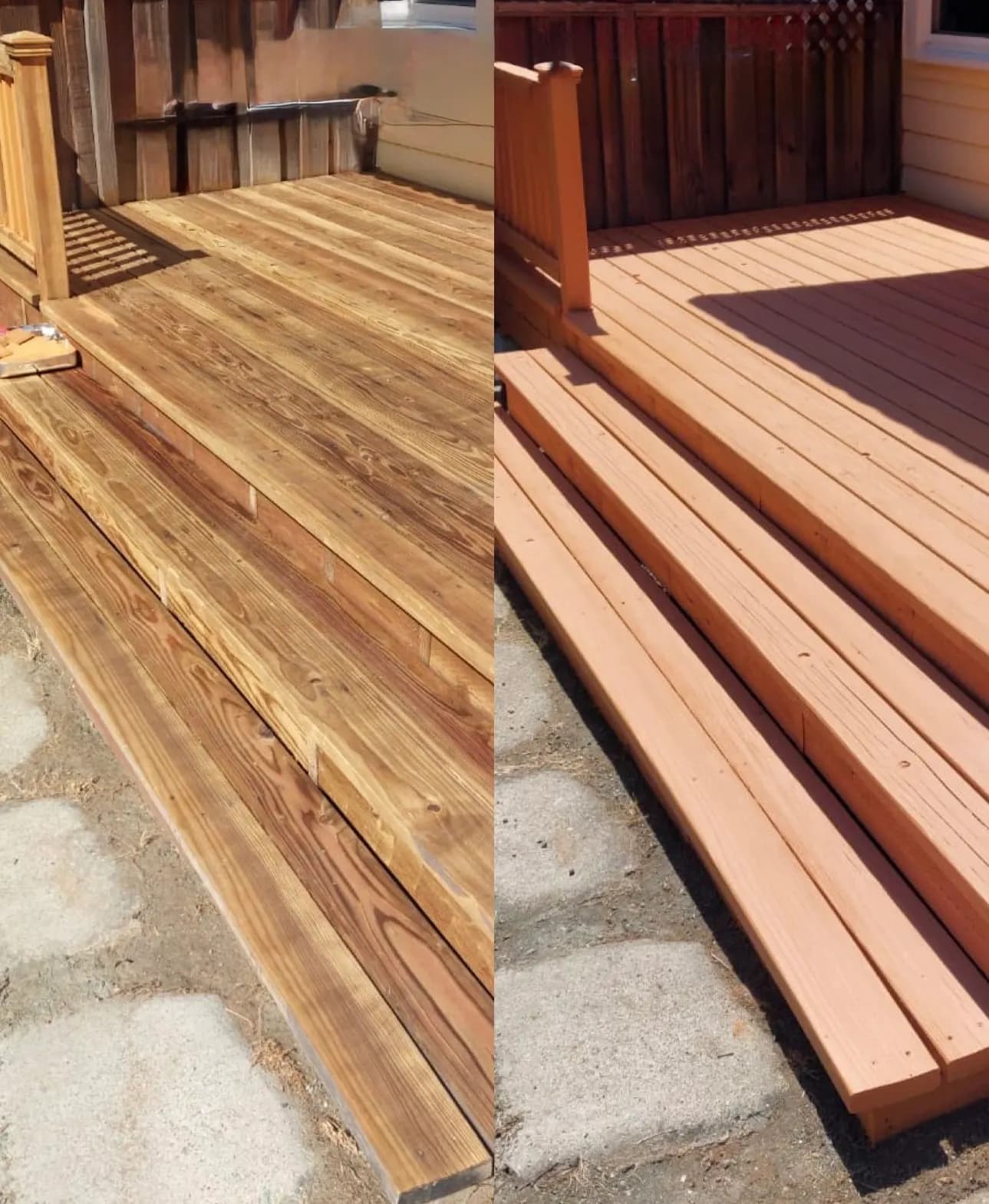 Side-by-side photographs of the same deck steps, bare grey timber on the left and stained red-brown on the right